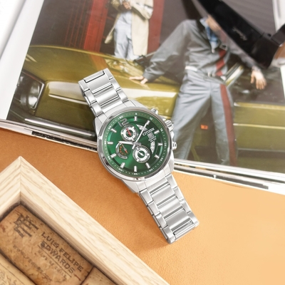 CITIZEN 星辰表 / AN3690-56X / 經典三眼 計時碼錶 日期 日本機芯 防水100米 不鏽鋼手錶-綠色/43mm