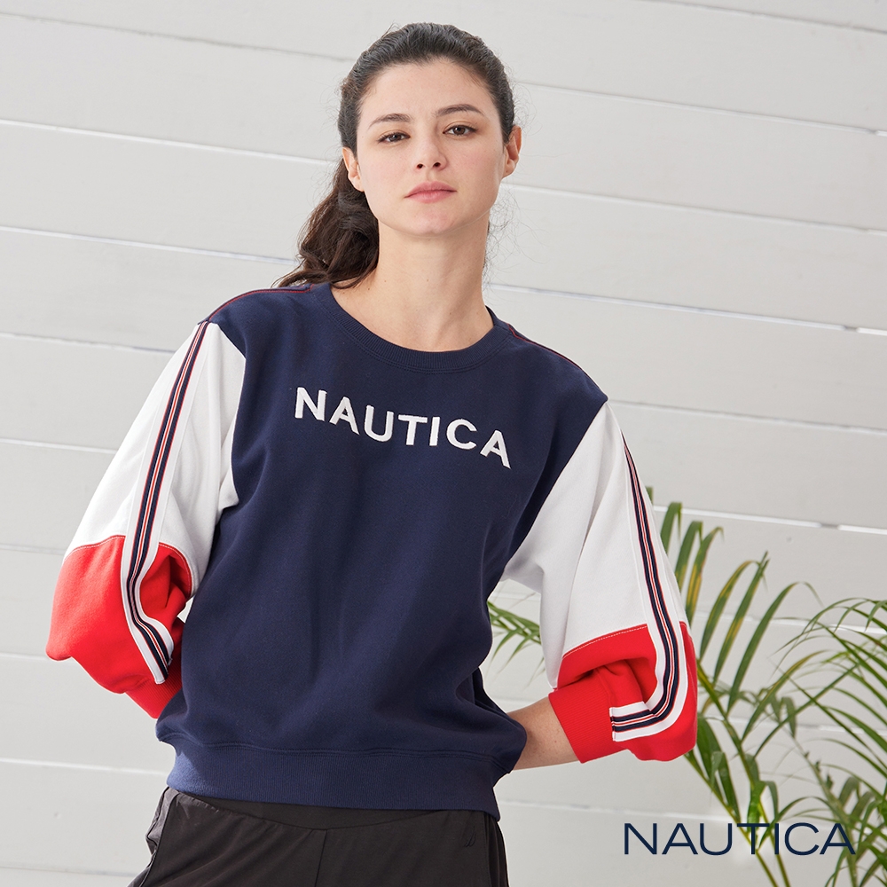 Nautica 女裝 撞色拼接保暖長袖T恤-藍色