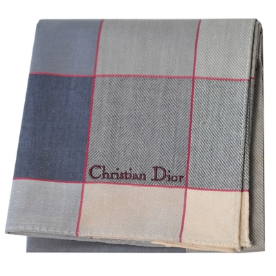 DIOR Christian Dior 100%棉正格紋品牌字母LOGO刺繡帕領巾(卡其/灰系)