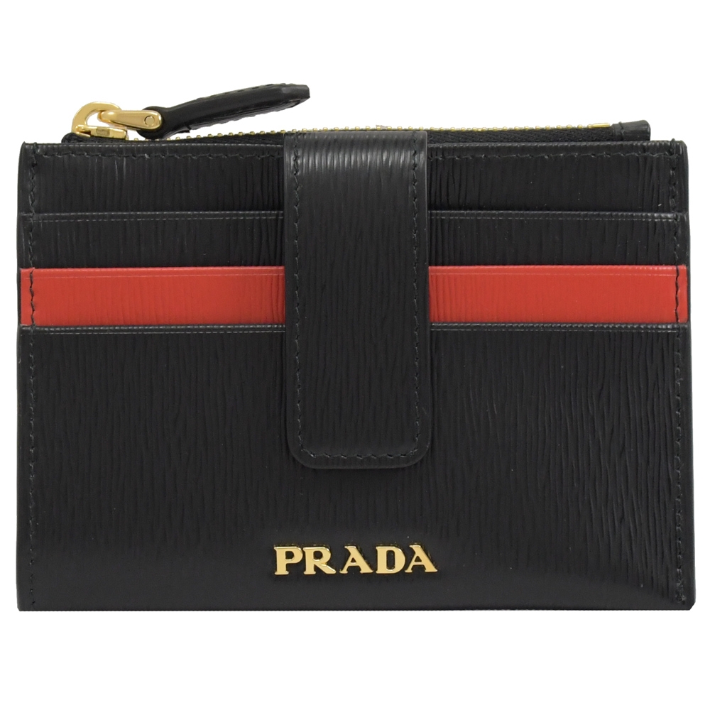 PRADA  金屬LOGO水波紋防刮卡片零錢包(黑/紅)