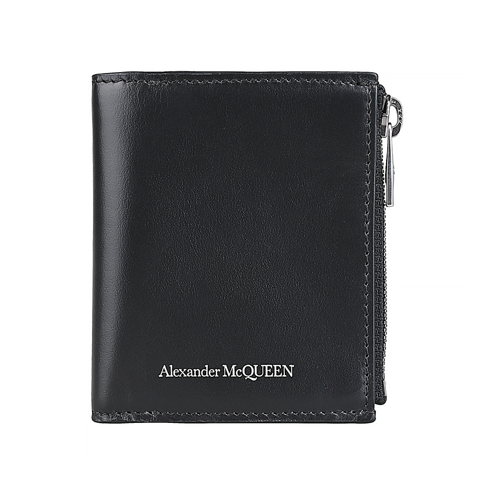 ALEXANDER McQUEEN燙印白字LOGO皮革4卡釦式對開小錢包(黑)