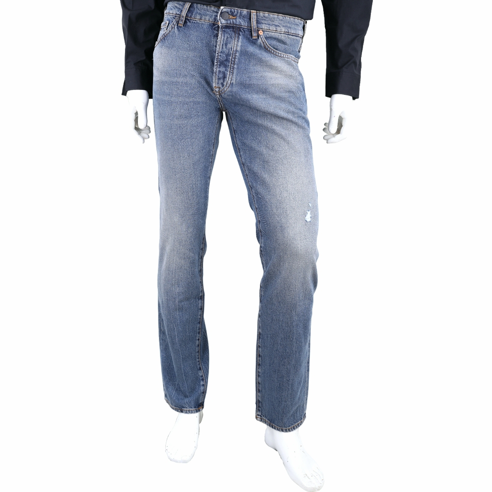 BOSS Regular Fit 復古仿舊破損細節藍色直筒牛仔長褲(男款)