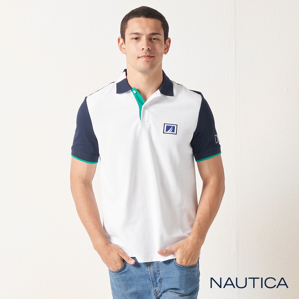 Nautica撞色拼接衣袖短袖POLO衫-白