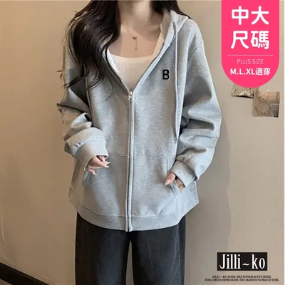 JILLI-KO 字母造型抽繩連帽寬鬆拉鍊衛衣外套中大碼- 灰/紅