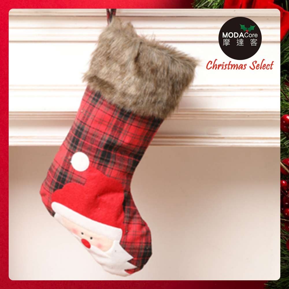 摩達客耶誕-蘇格蘭紅黑格紋毛毛領老公公質感聖誕襪