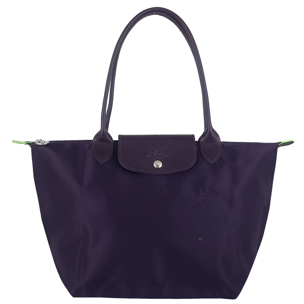 Longchamp LE PLIAGE 紫色再生尼龍皮邊刺繡折疊長把水餃包(中)