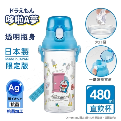 【百科良品】日本製 哆啦A夢 魔法任意門 透明瓶身 彈蓋直飲水壺 隨身瓶 抗菌加工 480ML(附背帶)