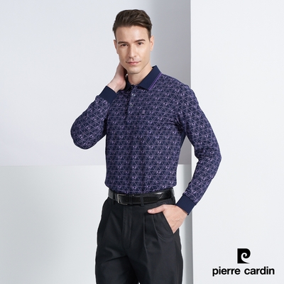 Pierre Cardin皮爾卡登 男款 品牌縮寫印花長袖POLO衫-深藍色(5225266-38)