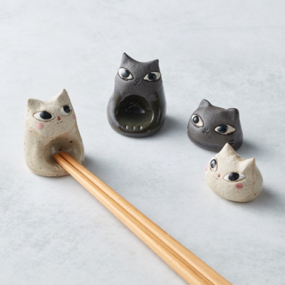 日本美濃燒 - 陶製手作筷架 - 貓咪們4件組