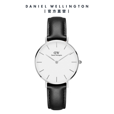 Daniel Wellington DW 手錶 Petite Sheffield 32mm爵士黑真皮皮革錶-白錶盤-銀框 DW00100186