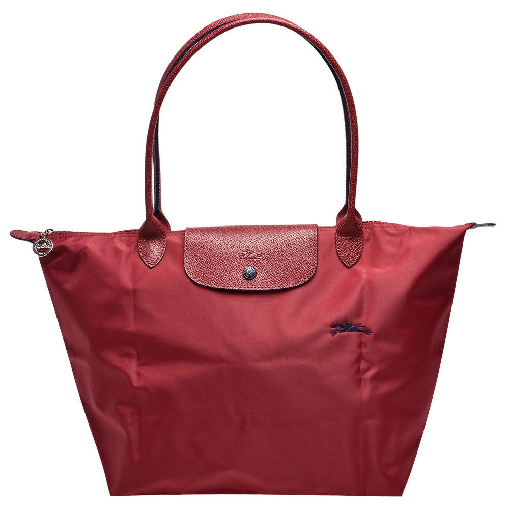 LONGCHAMP Collection刺繡摺疊暗釦/拉鍊長提把尼龍水餃包-大-石榴石紅