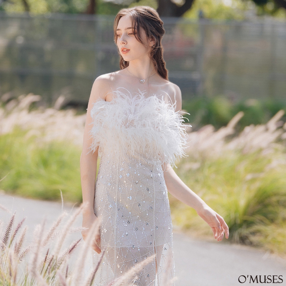 OMUSES 手工平口鴕鳥毛珠飾網紗白色禮服