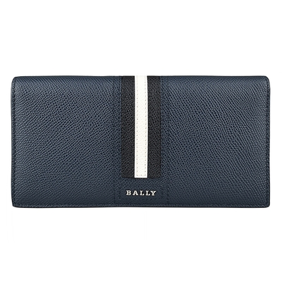 BALLY TALIRO銀字LOGO防刮牛皮10卡對折長夾(藍x黑白條紋)