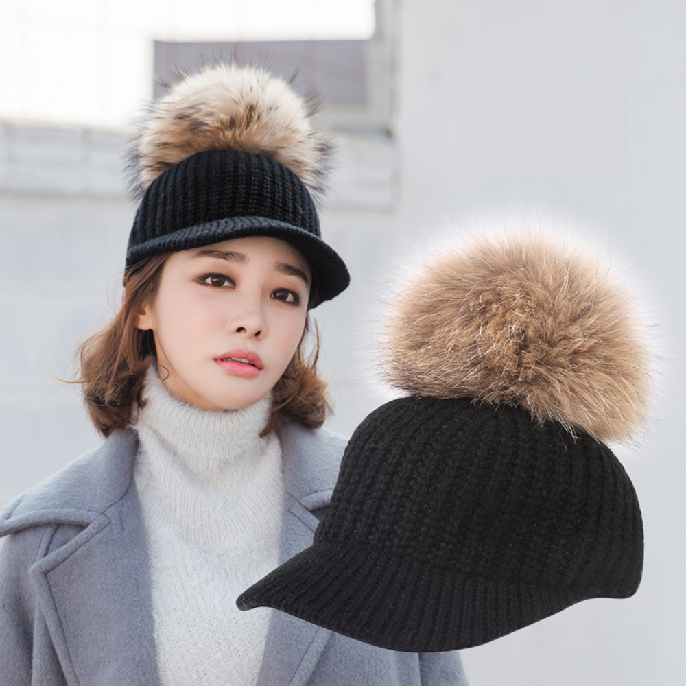 梨花HaNA 韓國冬季可愛QQ暖和針織獺兔毛球棒球帽
