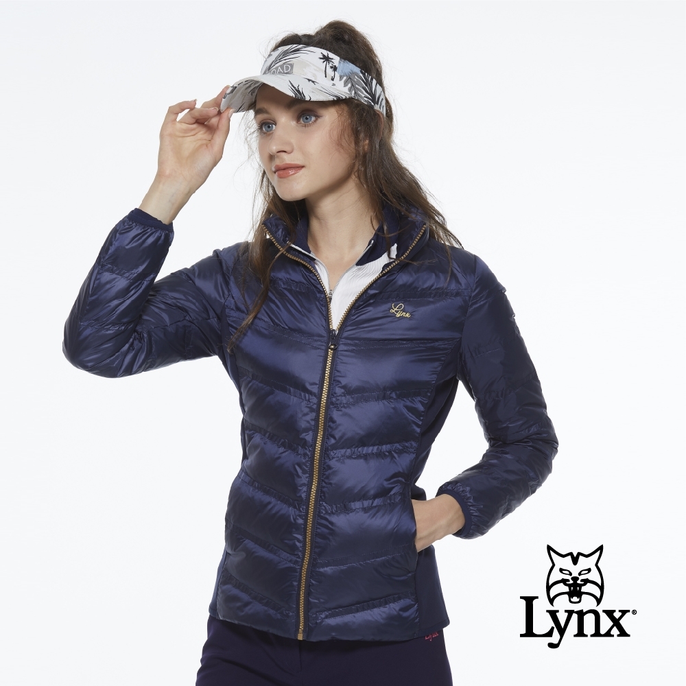 【Lynx Golf】女款保暖輕薄羽絨素面剪接款長袖外套-深藍色