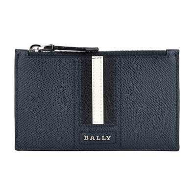 BALLY TENLEY銀字字母LOGO條紋設計防刮牛皮4卡拉鍊卡夾(深藍x黑白黑條紋)