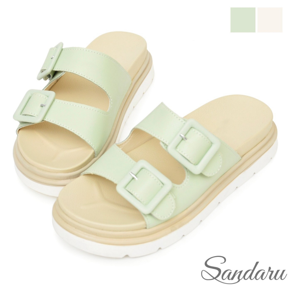 山打努SANDARU-拖鞋 清新雙帶飾釦厚底鞋-綠