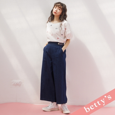 betty’s貝蒂思 腰鬆緊壓褶牛仔寬褲(牛仔藍)