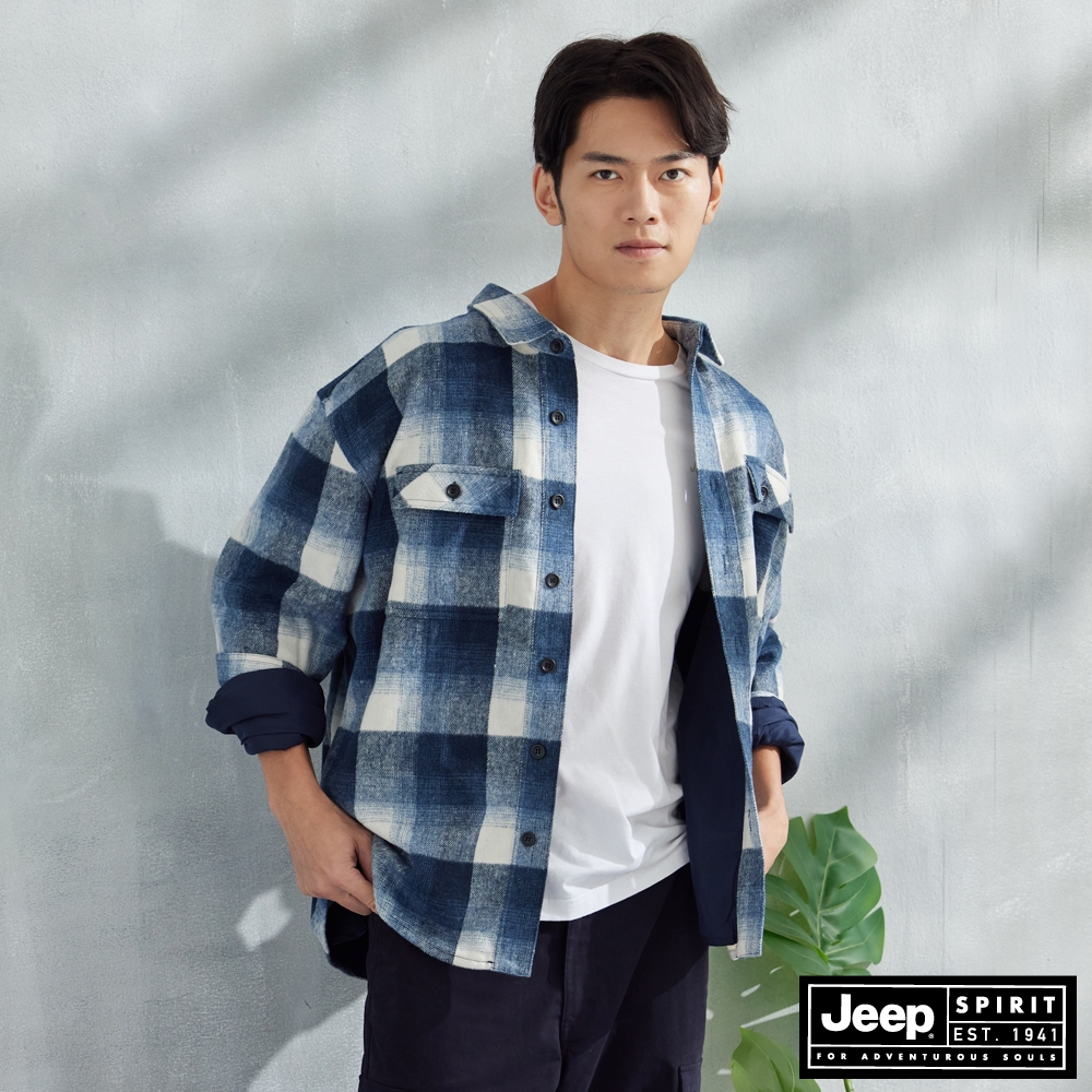 JEEP 男裝 漸層格紋寬版長袖襯衫外套-藍色