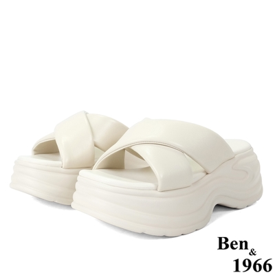 Ben&1966高級羊皮柔軟交叉帶舒適厚底涼拖鞋-米白(236412)