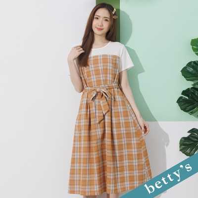 betty’s貝蒂思 格紋拼接綁帶洋裝(深橘)