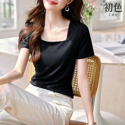 初色 修身顯瘦純色方領短袖T恤上衣女上衣-黑色-34546(M-3XL可選)