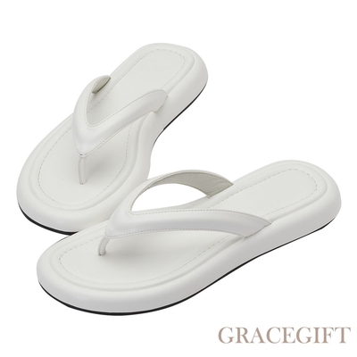 【Grace Gift】日系澎澎細帶夾腳拖鞋 白