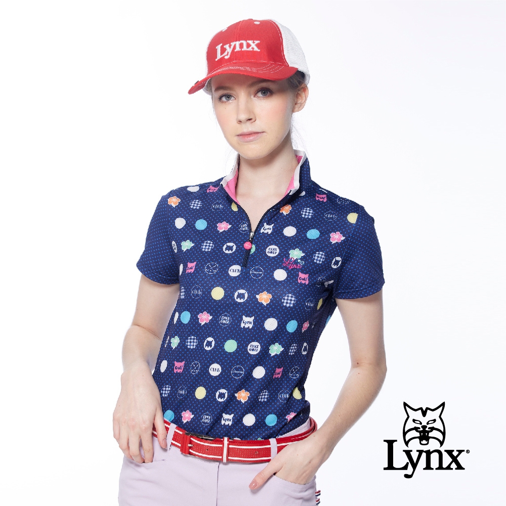 【Lynx Golf】女款吸排涼感山貓小花點點圖樣後領包邊帶設計短袖立領POLO衫/高爾夫球衫-深藍色