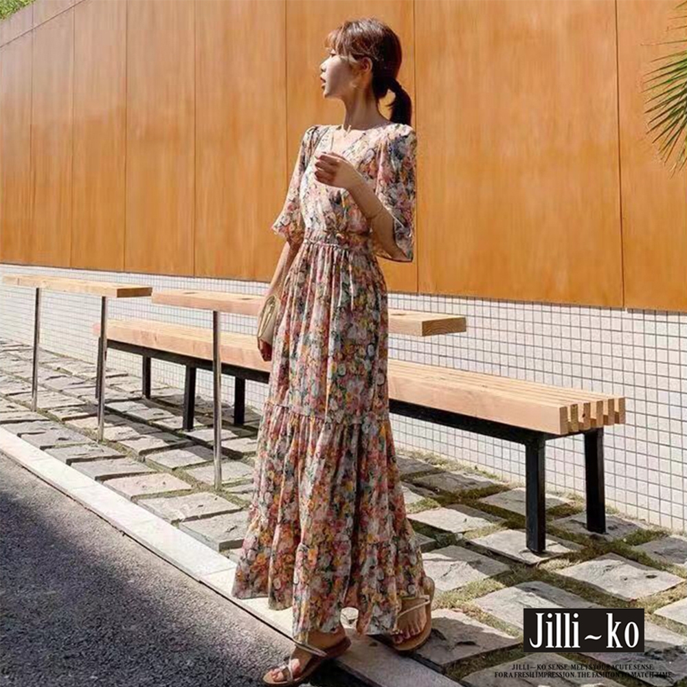 JILLI-KO 韓版浪漫碎花連衣裙- 橘色