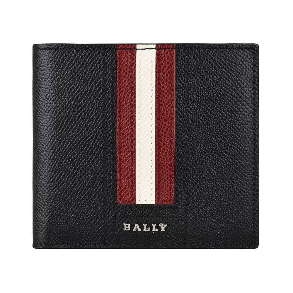 BALLY TRASAI銀字LOGO牛皮飾紅白條紋8卡對折短夾(黑)