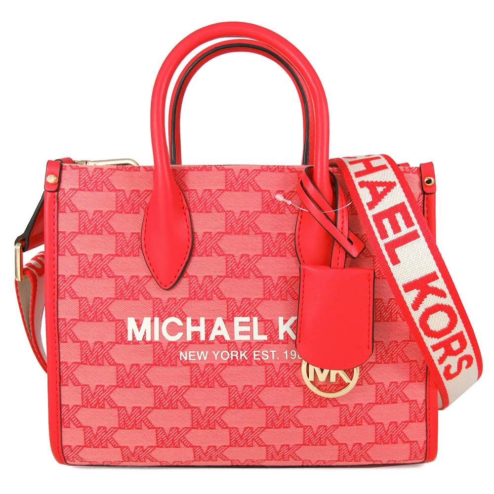 MICHAEL KORS Mirella 品牌大標緹花滿版MK織紋寬帶兩用包(葡萄柚橘)