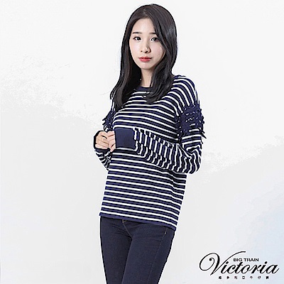 Victoria 袖接刺繡蕾絲寬鬆長袖T-丈青