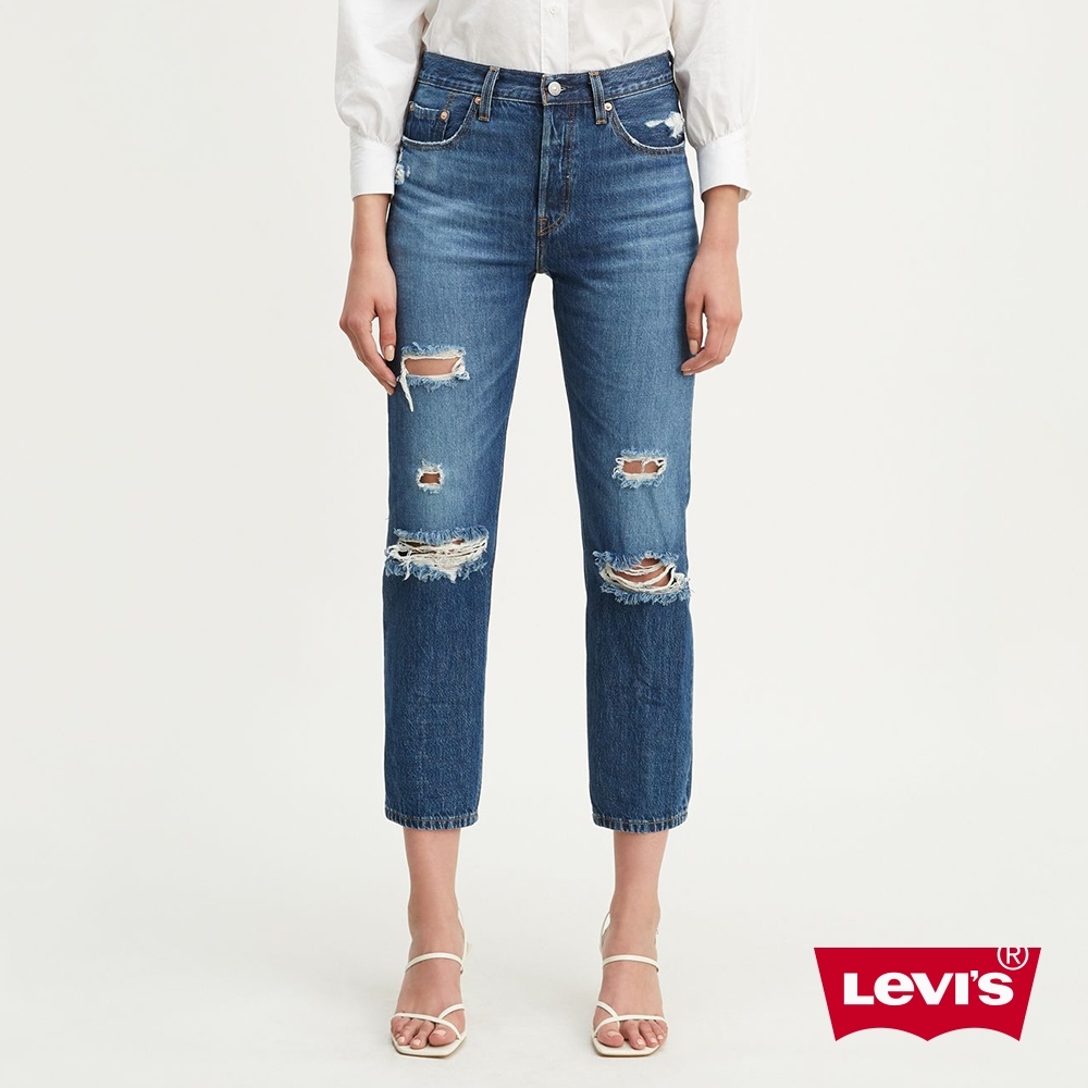 Levis 女款 Crop高腰合身直筒 排釦牛仔褲 大破壞 及踝款