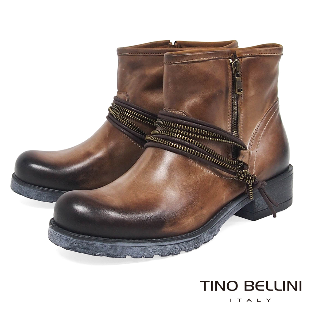 Tino Bellini義大利進口帥勁拉鍊造型工程靴_擦色棕