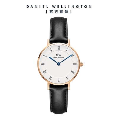 Daniel Wellington DW PETITE Roman numerals 28mm 小藍針系列寂靜黑皮革錶-白錶盤-玫瑰金框