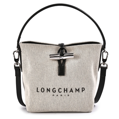 LONGCHAMP Essential 經典竹節扣LOGO帆布手提斜背水桶包-黑色