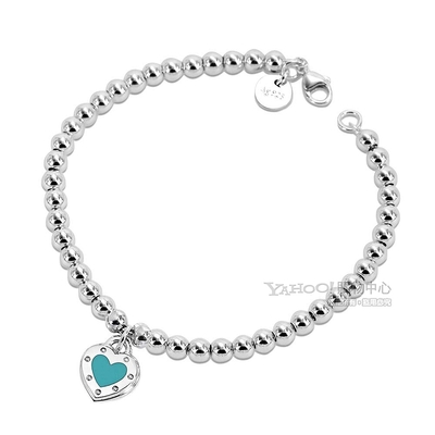 Tiffany&Co.藍色琺瑯愛心Love刻字925純銀串珠手鍊