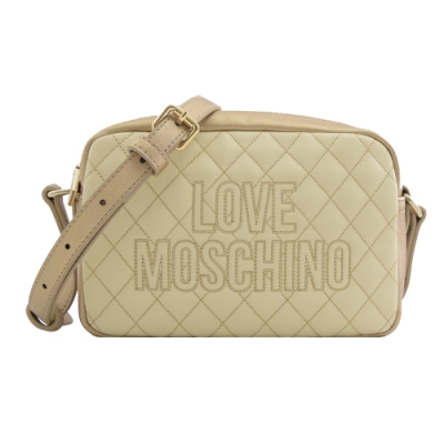 MOSCHINO LOVE系列電繡LOGO菱格紋拉鍊斜背包(白)