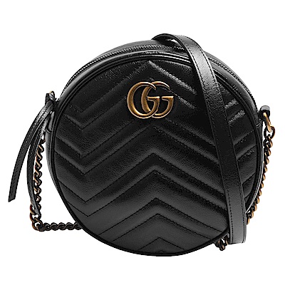 GUCCI 經典GG Marmont 仿舊金色LOGO小牛皮圓形拉鍊斜背包(迷你-黑)