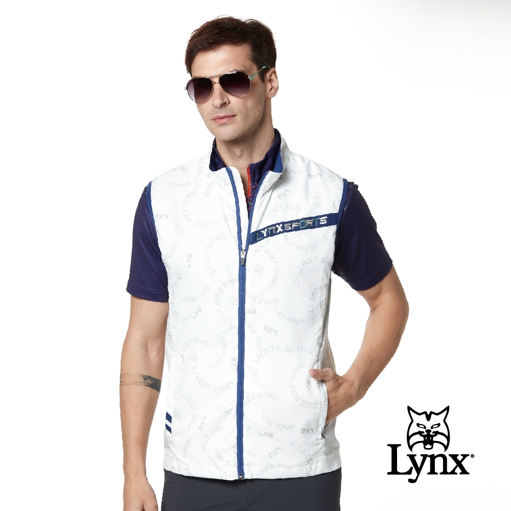 【Lynx Golf】男款滿版Lynx LXG印花造型配布拉鍊口袋無袖背心-白色