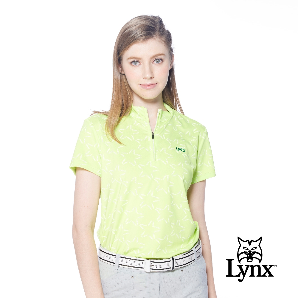 【Lynx Golf】女款吸溼排汗機能滿版Lynx字樣組合星星圖樣印花短袖立領POLO衫-果綠色