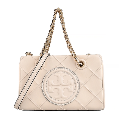 TORY BURCH FLEMING品牌LOGO菱格紋皮革手提斜背包(迷你/奶油)