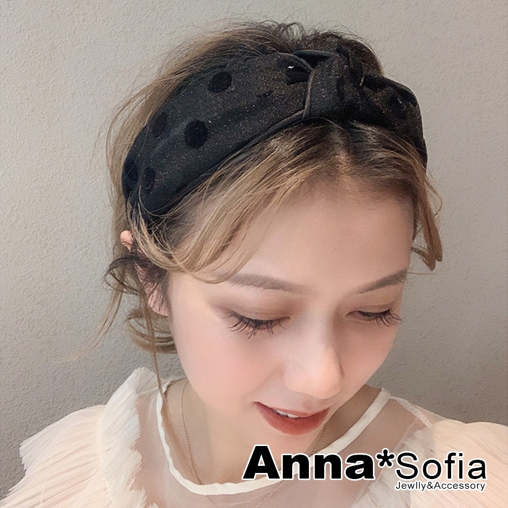 AnnaSofia 網紗圓點滾邊中央結 韓式髮飾寬髮箍(黑系)
