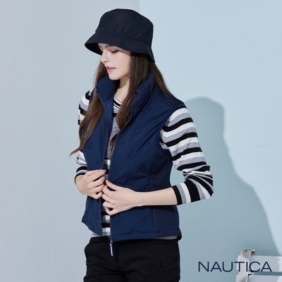 Nautica女裝 立領船錨刺繡刷絨修身背心-深藍