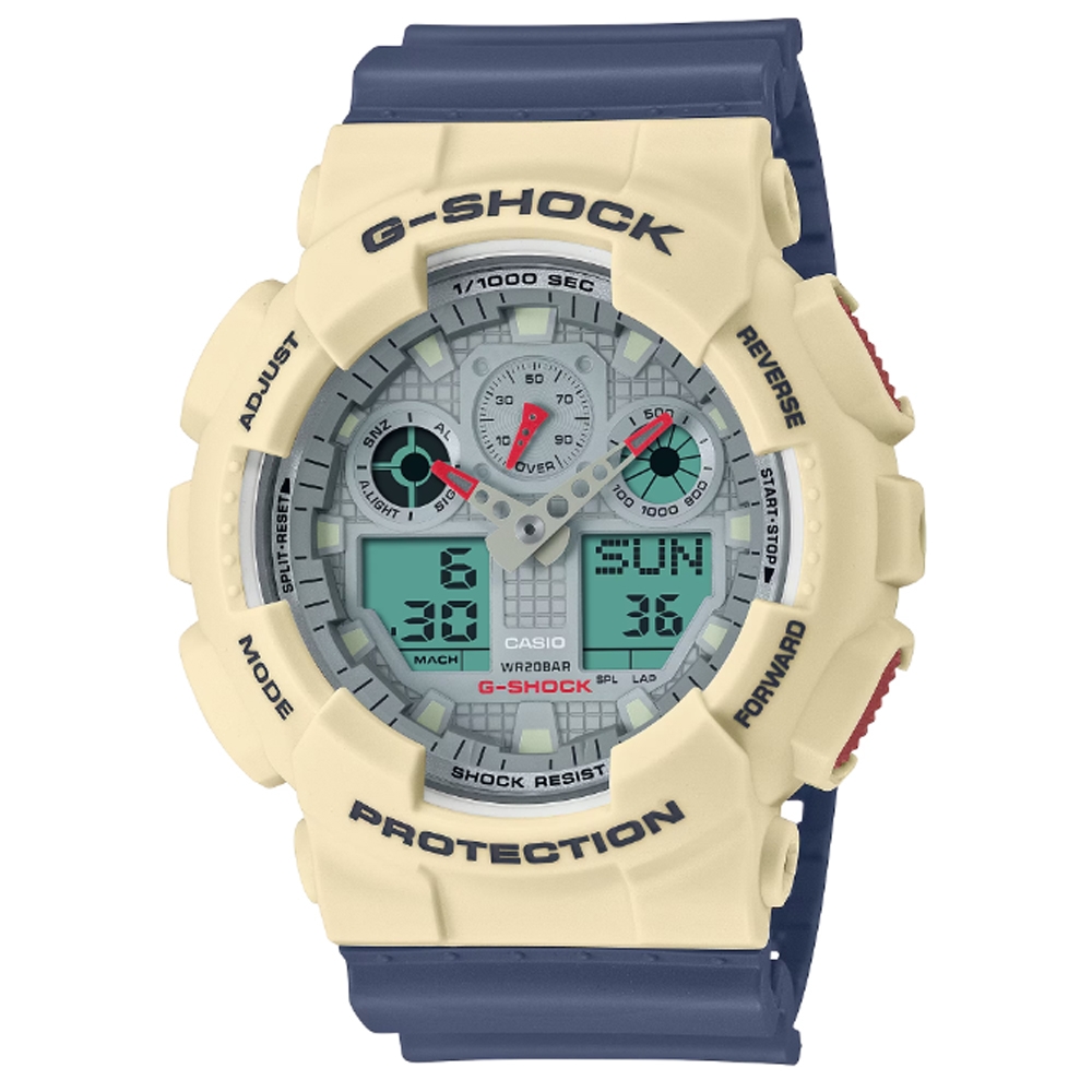 CASIO 卡西歐G-SHOCK 復古時尚大圓錶殼雙顯錶-米灰色(GA-100PC-7A2