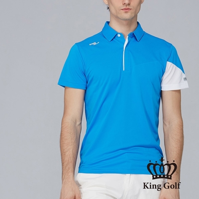 【KING GOLF】男款領袖口撞色拼接POLO衫/高爾夫球衫-藍色
