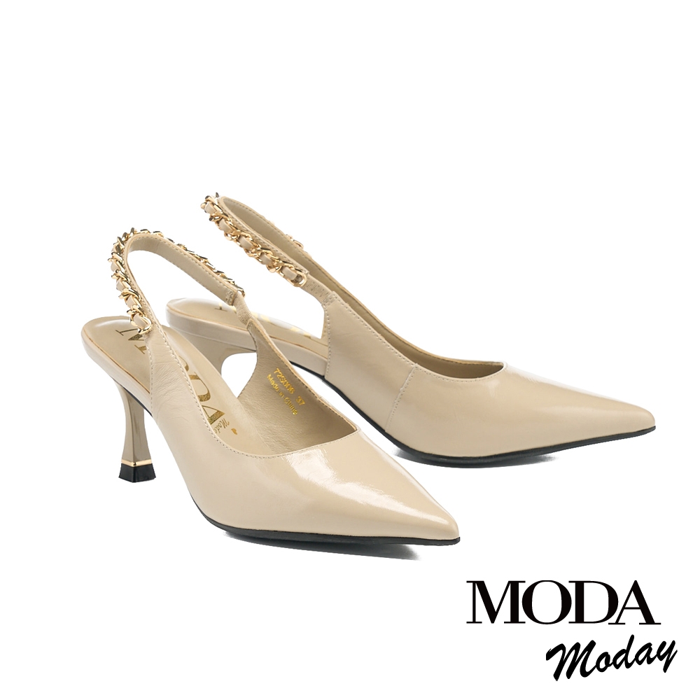 高跟鞋 MODA MODAY 都會時尚鍊條牛皮後繫帶尖頭高跟鞋－杏