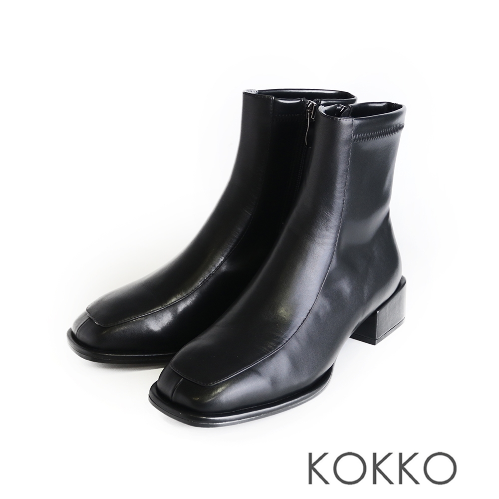 KOKKO超顯瘦時髦方頭貼腿粗跟短靴黑色