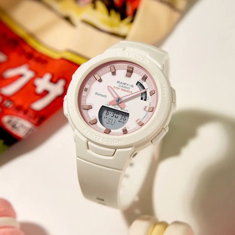 CASIO 卡西歐Baby-G 藍牙計步雙顯運動手錶-香草米白BSA-B100CS-7A