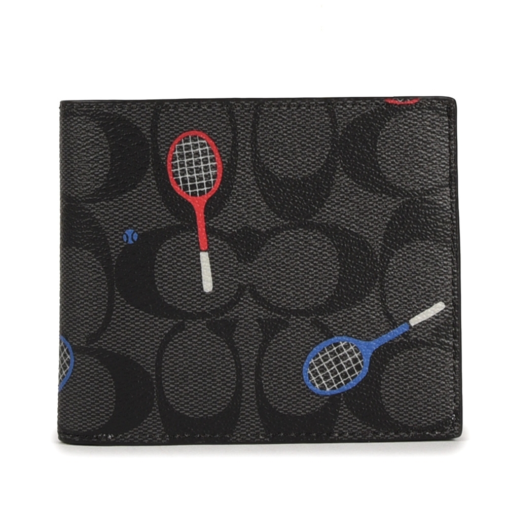 COACH  經典滿版C紋X網球拍圖案PVC皮革多卡短夾-黑灰